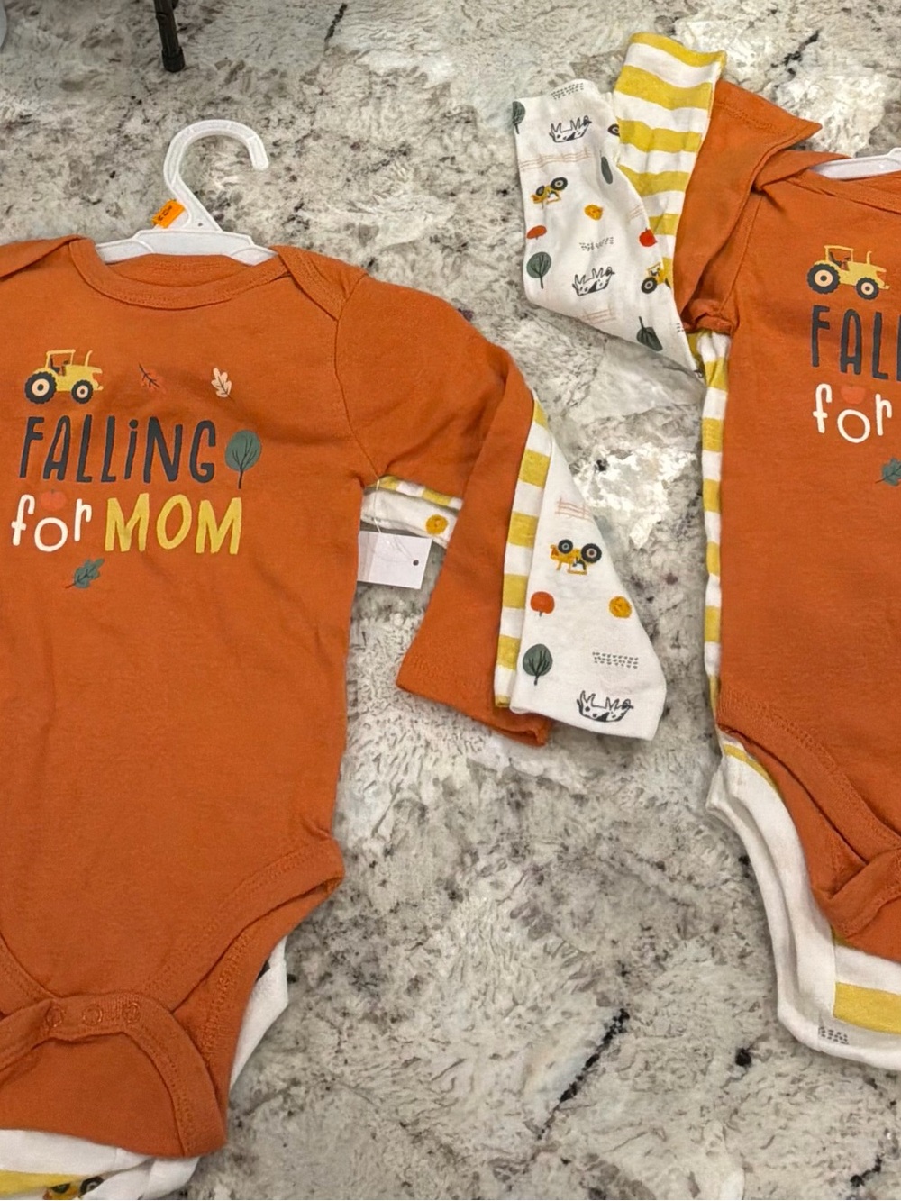 *Twins* Orange Long-Sleeve Baby One-Piece Bodysuit - "Falling for Mom"